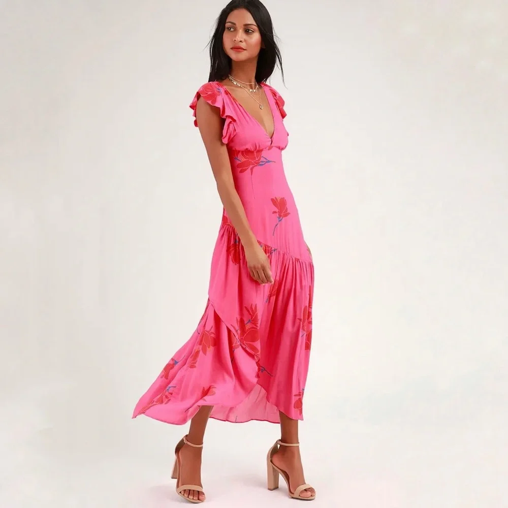 Free People She's a Waterfall Hot Pink Floral Print Ruffled Maxi Dress Size 6